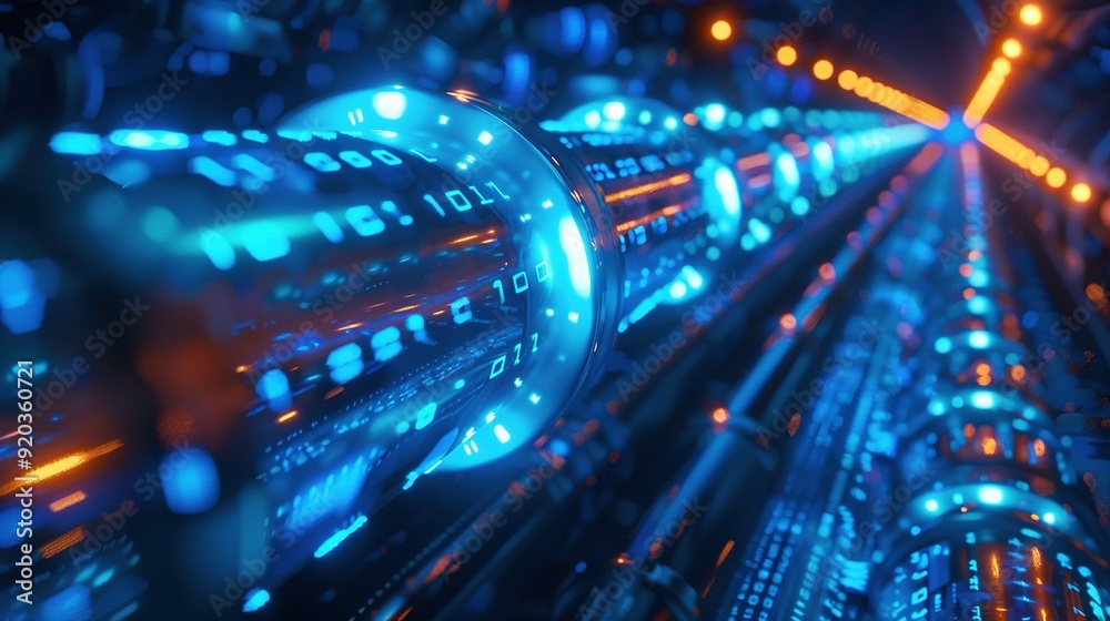 Long Digital Pipeline Formed by Vibrant Glowing Blue Matrix Binary Code Long Digital Pipeline Formed by Vibrant Glowing Blue Matrix Binary Code