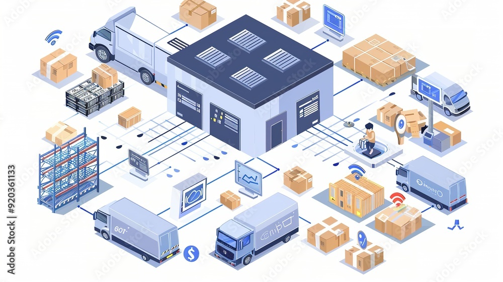 Isometric Illustration of a Smart Warehouse Management System with Emphasis on Inventory Control Using IoT Devices
