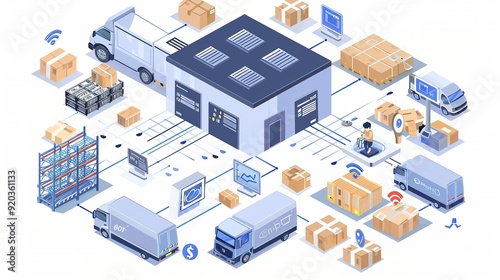 Obraz na płótnie Isometric Illustration of a Smart Warehouse Management System with Emphasis on Inventory Control Using IoT Devices w salonie
