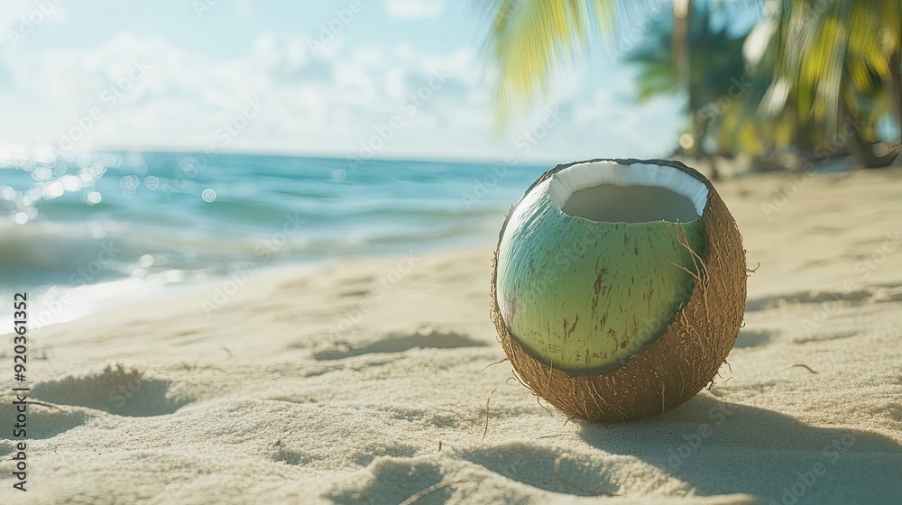 Obraz premium A Half-Opened Coconut Shell Resting on a Sandy Beach
