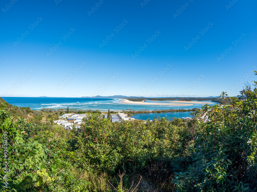 Panoramic views of the Nambucca River estuary and Pacific Ocean from Rotary Lookout, a serene spot on the NSW Mid North Coast, Australia Panoramic views of the Nambucca River estuary and Pacific Ocean from Rotary Lookout, a serene spot on the NSW Mid North Coast, Australia