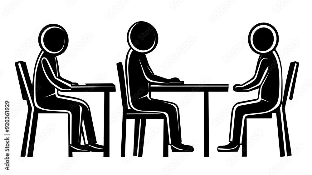 Three stick figures sitting at tables, possibly engaged in discussion or meeting. Three stick figures sitting at tables, possibly engaged in discussion or meeting.