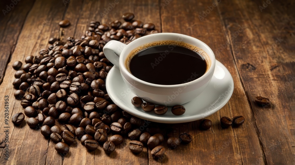Fresh coffee with beans on wood background banner