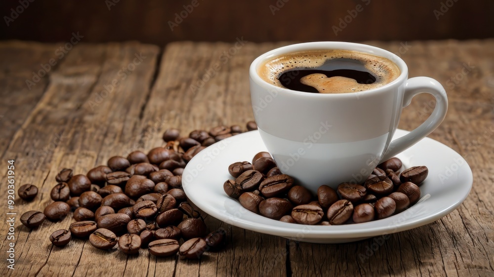 Fresh coffee with beans on wood background banner Fresh coffee with beans on wood background banner