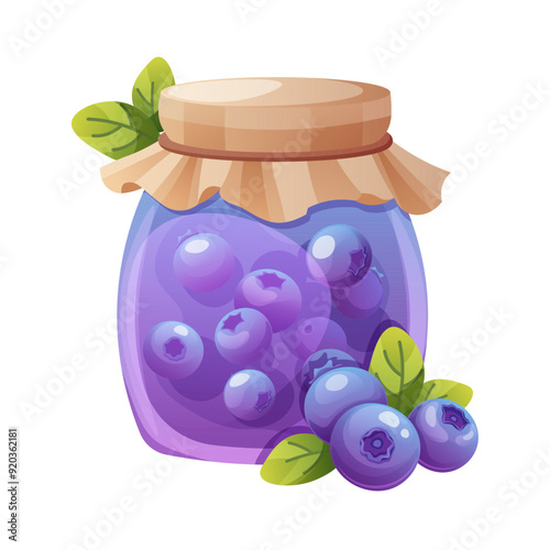 Blueberry jam jar. Glass jar with sweet blueberry preserves. Vector illustration on white background