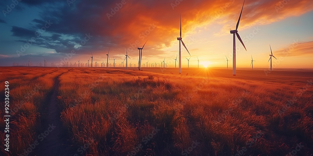 Fototapeta premium Serene Sunset Over Wind Turbine Farm, generative ai