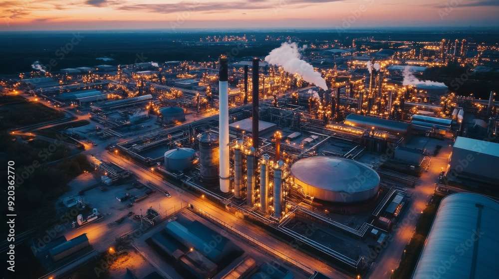 Fototapeta premium Aerial view of a sprawling industrial complex at dusk