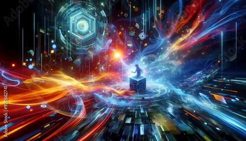 Fractal realms of glowing energy and swirling motion, showcasing a vibrant, abstract design in a futuristic space1