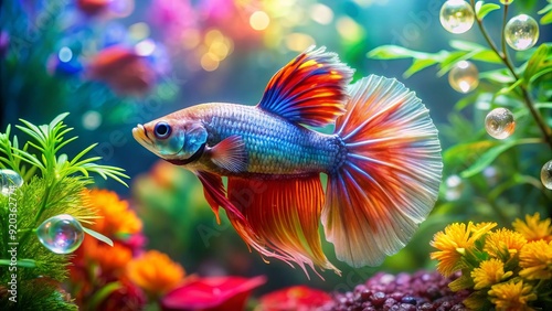 A vibrant betta fish swims solo in a beautifully decorated aquarium filled with lush green plants, colorful ornaments, and sparkling water.