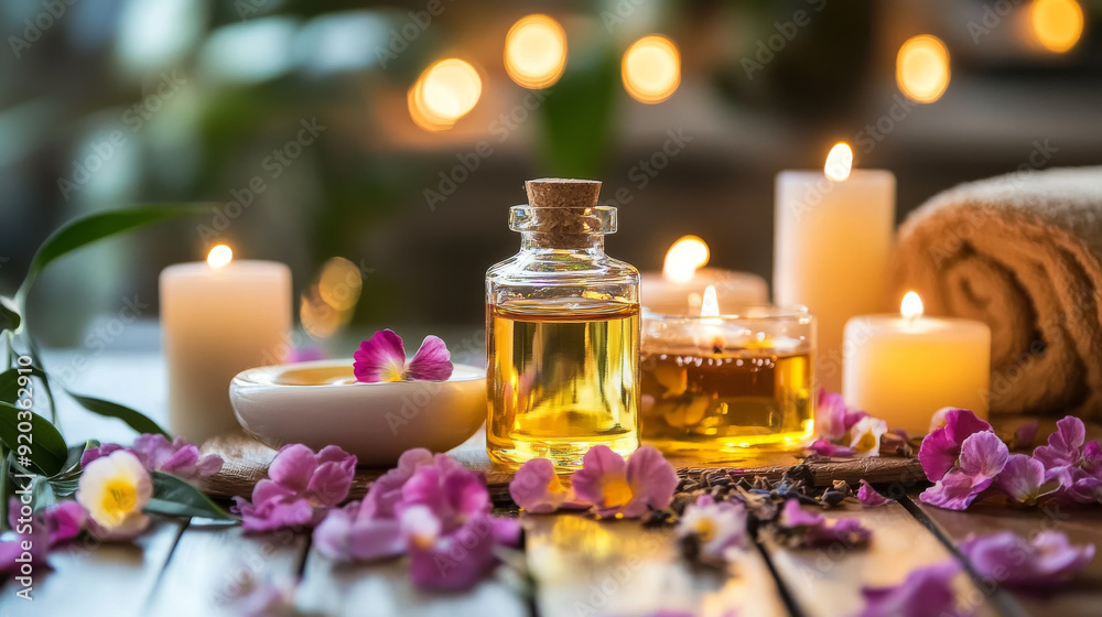 Aromatherapy session with essential oils and candles in a spa setting Aromatherapy session with essential oils and candles in a spa setting