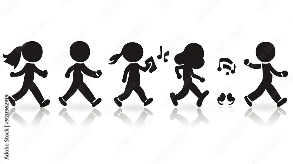 Silhouette figures illustrating progression from walking to running, with music notes.