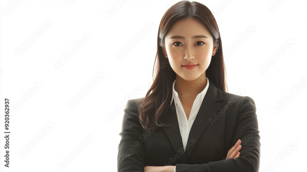 Asian business woman arms crossed standing in the white background