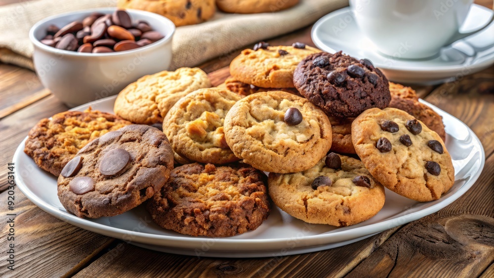 A warm and inviting still life of assorted cookies, including chocolate chip and oatmeal raisin, artfully arranged on a white ceramic plate.