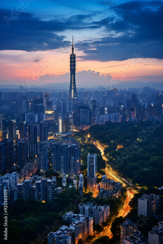 Stunning Twilight View of Guangzhou's Skyline - Blend of Historic and Modern Architectural Beauty 