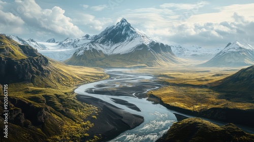 Snowy Mountain Range and Winding River