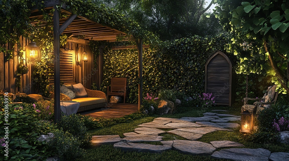 Fototapeta premium Beautiful Backyard Garden with Lush Green Foliage and Rustic Elements