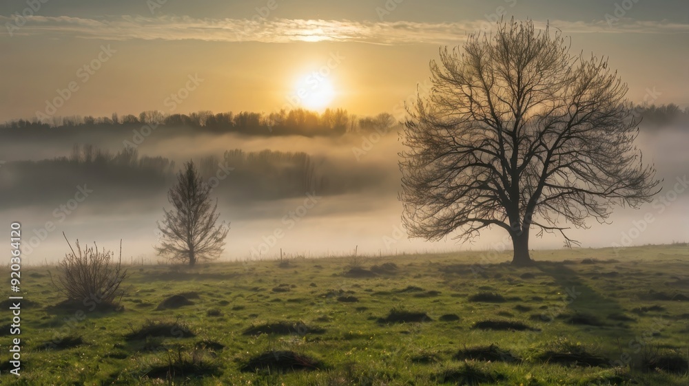 Meadow landscape in spring with sun and fog Meadow landscape in spring with sun and fog