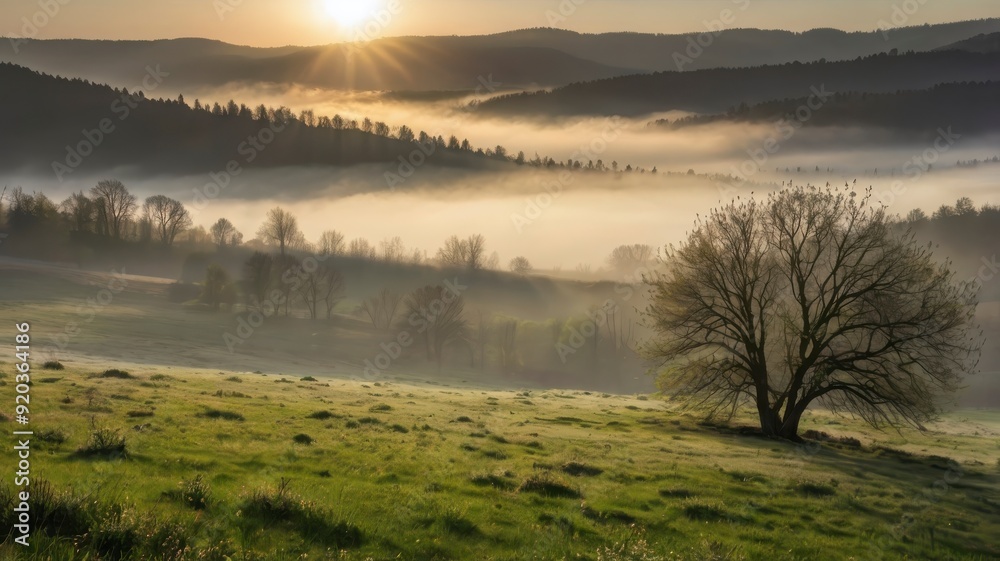 Fototapeta premium Meadow landscape in spring with sun and fog