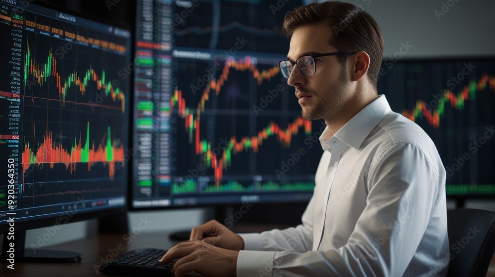 Fototapeta premium A male analyst in a white shirt is seated before a large screen, analyzing moving Japanese candlestick charts