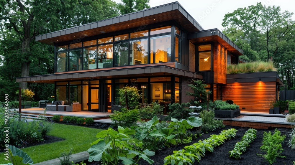 Modern, wooden house with large windows and lush green landscaping. Modern, wooden house with large windows and lush green landscaping.
