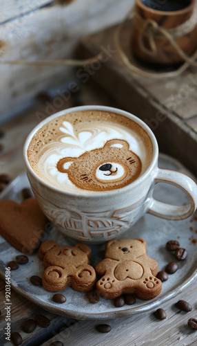 Creative Latte Art With Bear Design And Cookies