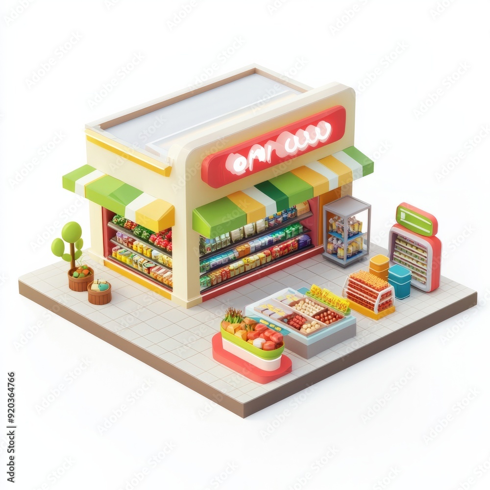 3D Render of a compact grocery store with colorful signage and a well-organized layout 3D Render of a compact grocery store with colorful signage and a well-organized layout