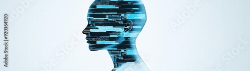 Human silhouette morphing into a futuristic robot in a series of stages, each representing technological advancement, development, process of change