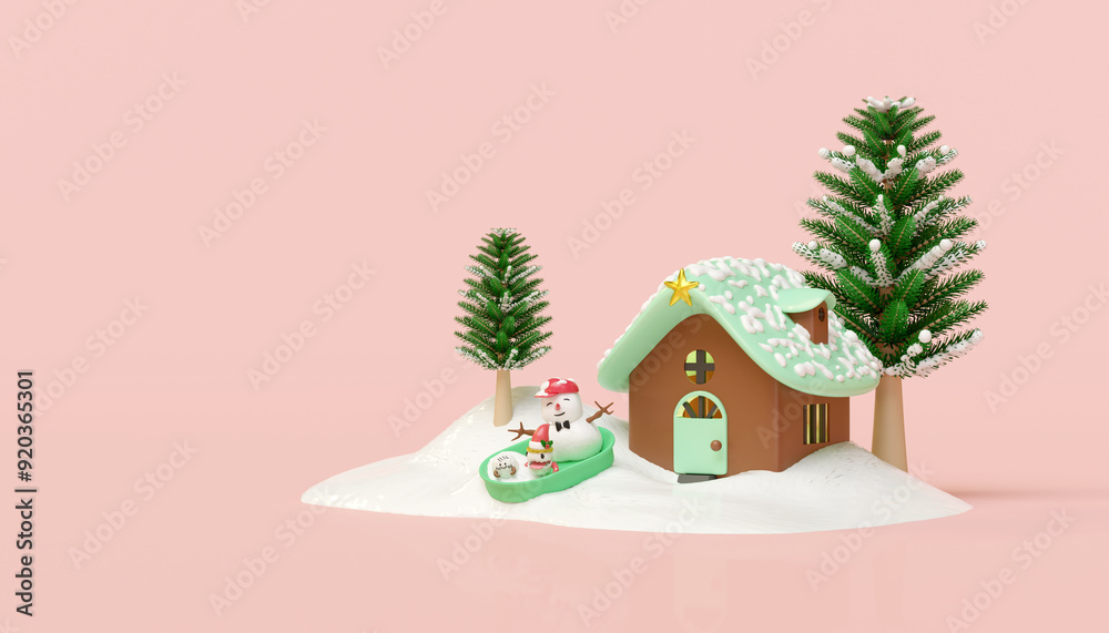 Fototapeta premium 3d snowman and cute monster friends in bucket with house, christmas tree isolated on pink background. merry christmas and happy new year, 3d render illustration