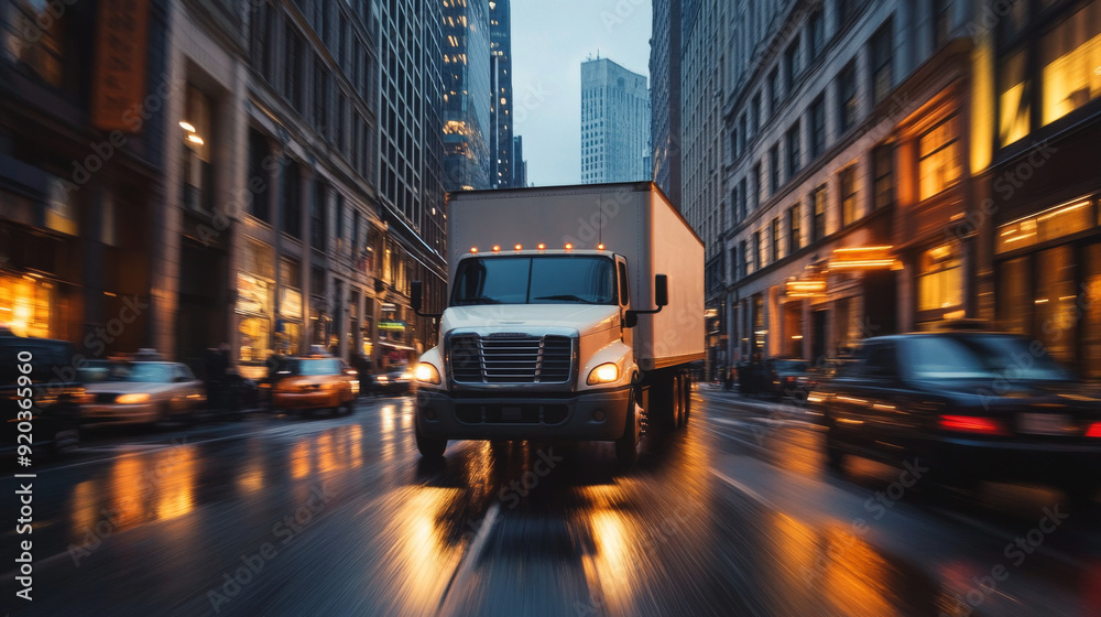 Obraz premium Delivery truck driving through a bustling city street