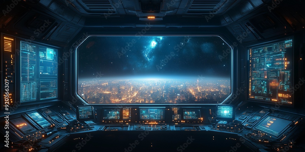 Obraz premium High-Tech Sci-Fi Command Center with Deep Space Views, generative ai