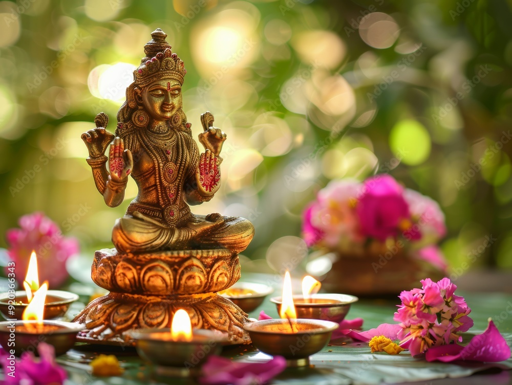 Obraz premium A serene bronze statue of a goddess surrounded by candles and flowers, symbolizing peace and spirituality.