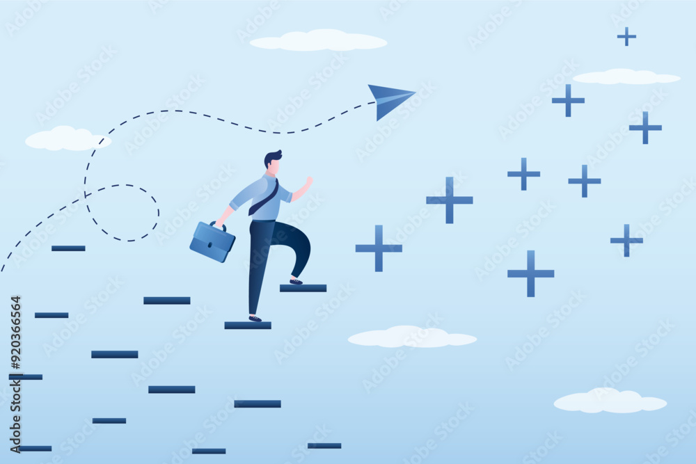 Businessman climbing abstract plus and minus ladder to top, Search positive thinking among negative emotions. Do not give up. Overcoming obstacles. Businessman climbing abstract plus and minus ladder to top, Search positive thinking among negative emotions. Do not give up. Overcoming obstacles.