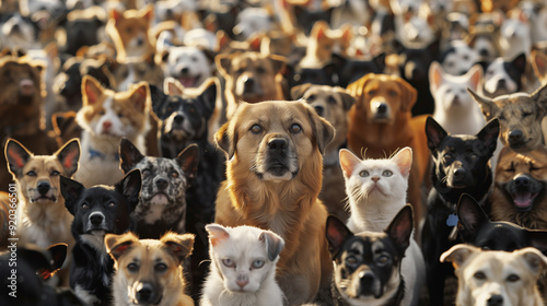  A large group of dogs and cats of various breeds and sizes gathered together, forming an impressive pack