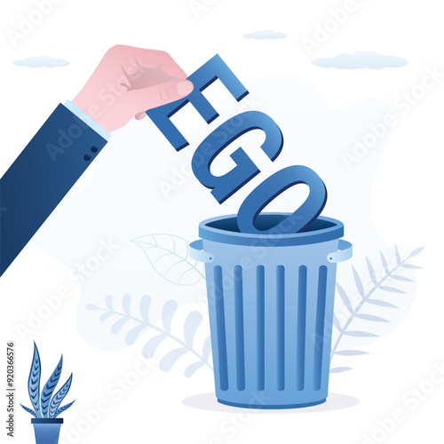 Businessman hand throw his ego into the trash can, stop ego concept. Confident man without vanity or selfishness, but with pride and respect for others people,