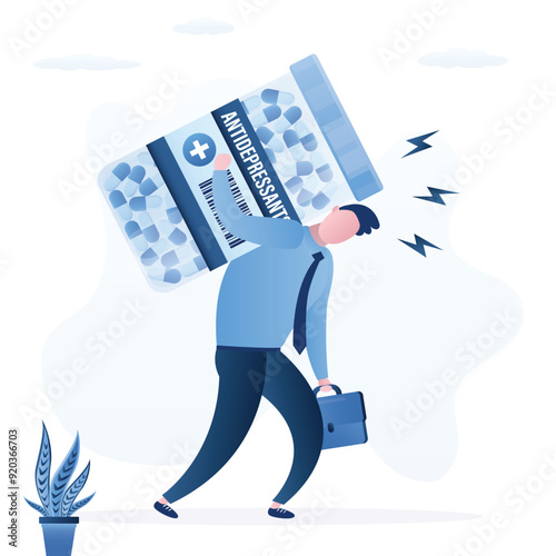 Businessman carries giant vial with antidepressants on back. Addiction to antidepressants. Bottle with pills. Medical cure against stress and depression.