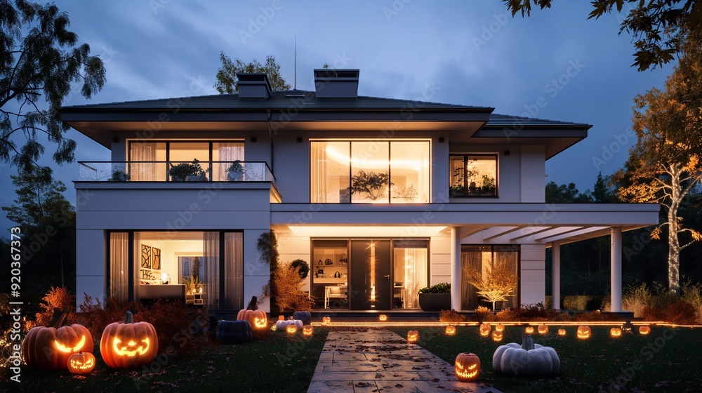 Modern house glows warmly at sunset, with carved pumpkins creating a festive halloween party setting for family and friends to gather and have fun in the cozy autumn evening Modern house glows warmly at sunset, with carved pumpkins creating a festive halloween party setting for family and friends to gather and have fun in the cozy autumn evening