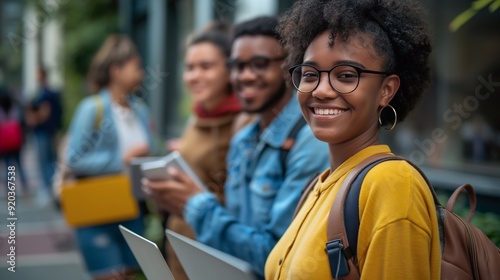 Diverse group of students walking in urban city near the university or college , chatting happily, carrying backpacks and laptops. Embracing community, communication, and excitement of learning