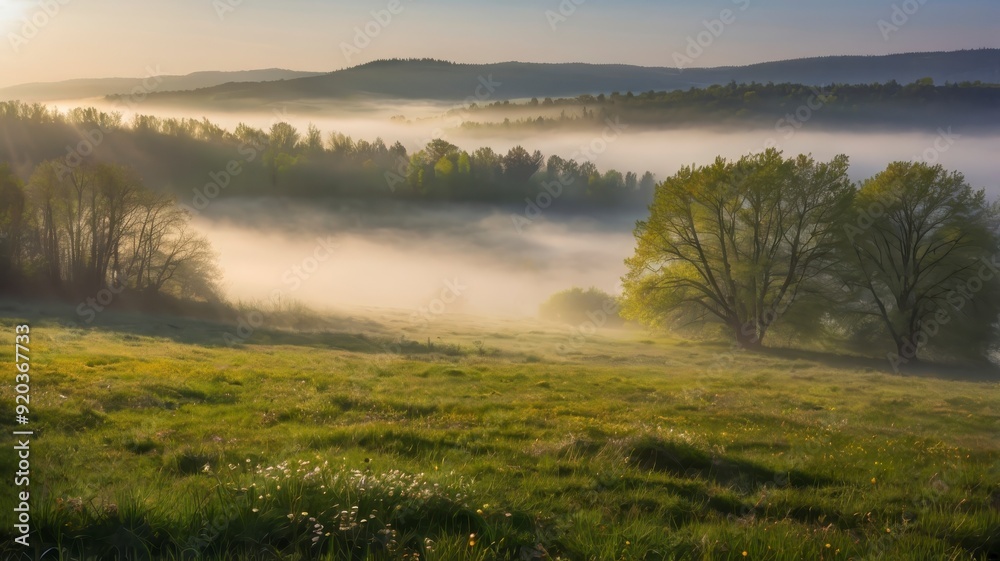 Sunlit meadow with fog in spring Sunlit meadow with fog in spring