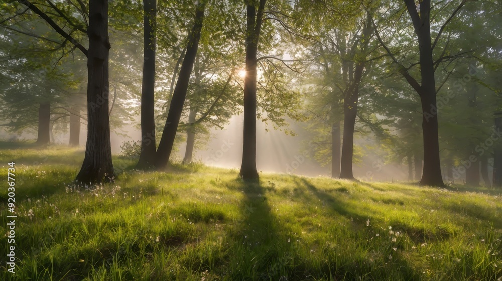 Sunlit meadow with fog in spring 