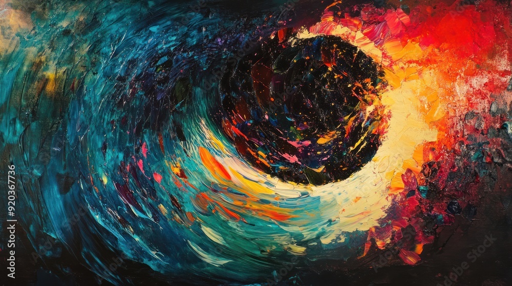 Abstract Oil Painting with Swirling Colors and a Black Circle Abstract Oil Painting with Swirling Colors and a Black Circle