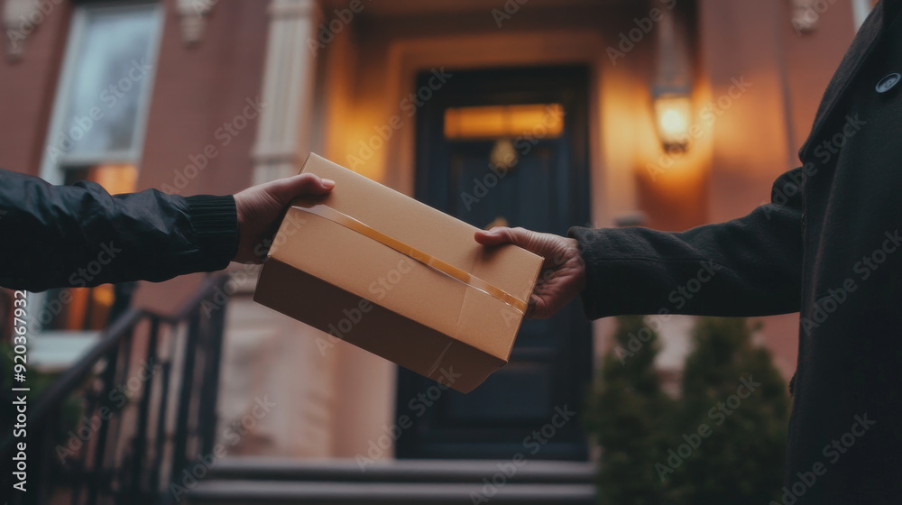 Fototapeta premium Hands exchanging a package in front of a house