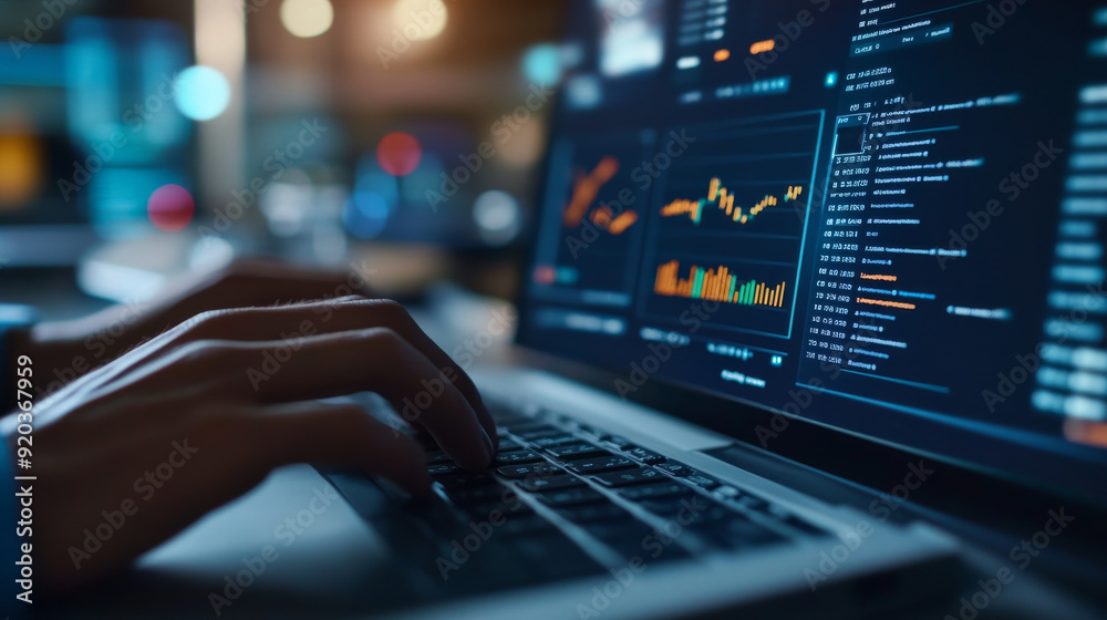 Hands typing on a keyboard with 2024 financial software open on the screen Hands typing on a keyboard with 2024 financial software open on the screen