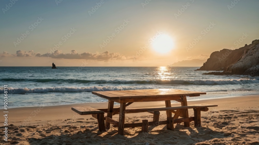 Table on beach with sea and sun backdrop Table on beach with sea and sun backdrop