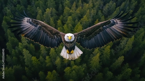 Bald Eagle in Flight over Forest photo