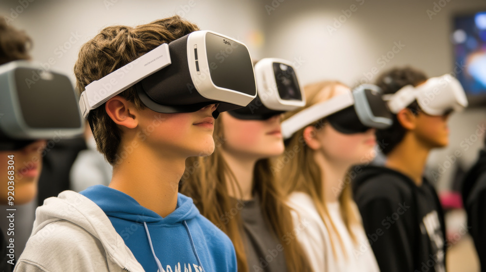 High school students participating in a virtual reality field trip High school students participating in a virtual reality field trip