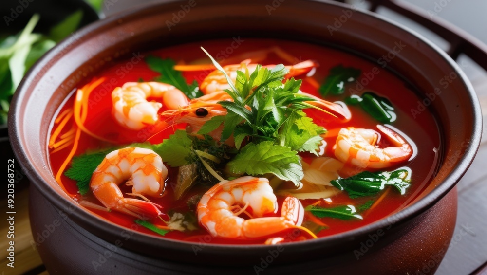 Close-up of Tom Yum Goong (Spicy Shrimp Soup) in a traditional clay pot. This image highlights the vibrant red broth and the fresh ingredients like shrimp, mushrooms, and tomatoes, garnished with lemo Close-up of Tom Yum Goong (Spicy Shrimp Soup) in a traditional clay pot. This image highlights the vibrant red broth and the fresh ingredients like shrimp, mushrooms, and tomatoes, garnished with lemo