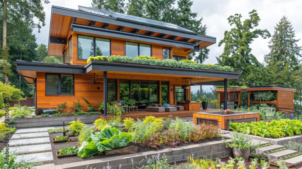 Modern wooden house with lush green landscaping and a spacious outdoor living area.