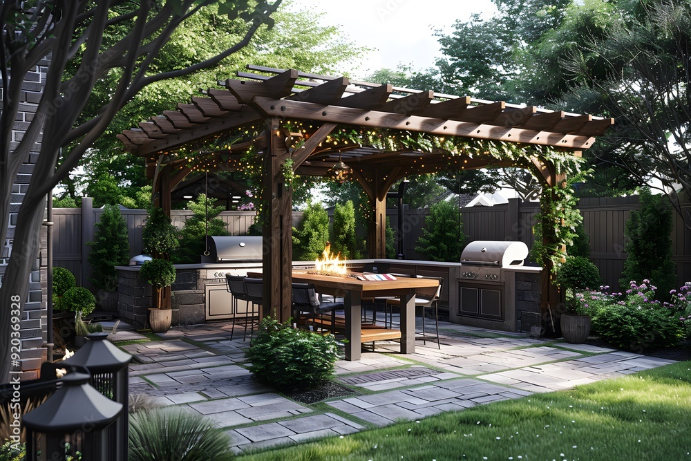 Cozy Outdoor Kitchen with Pergola and Fire Pit in a Lush Garden Setting Cozy Outdoor Kitchen with Pergola and Fire Pit in a Lush Garden Setting