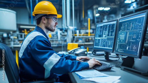 Industrial technician working on a computer in a control room