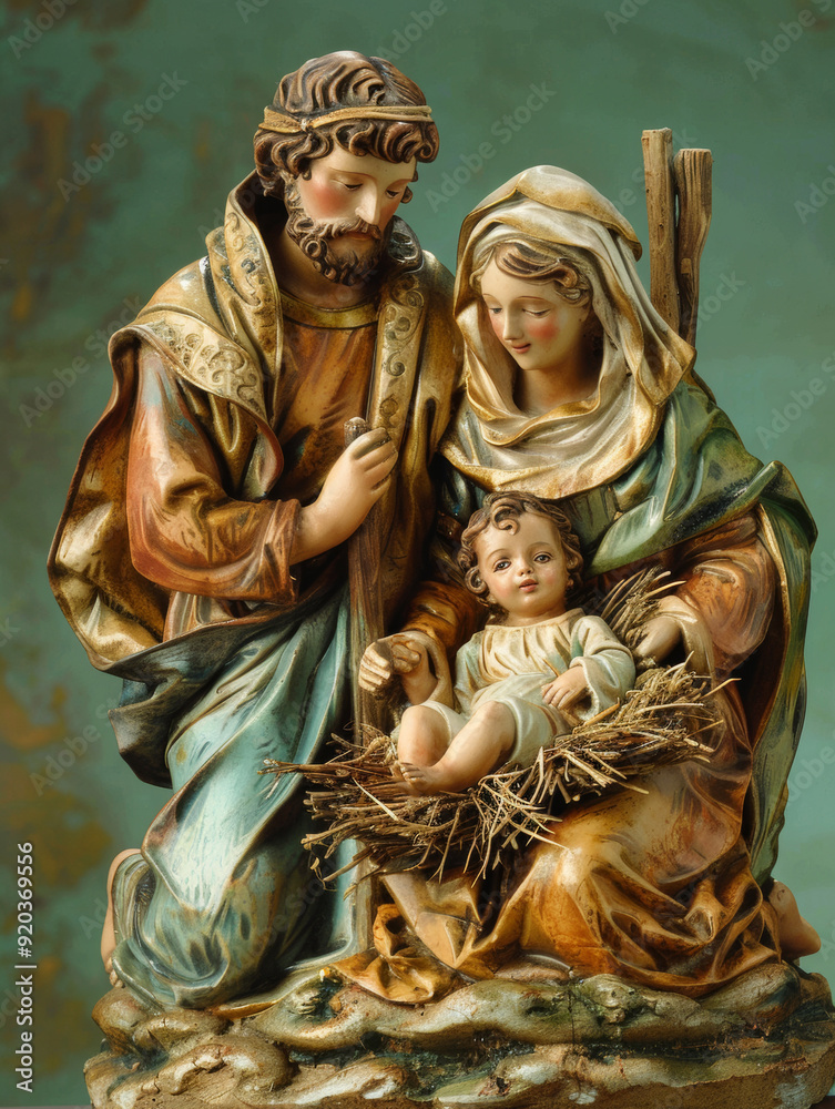 Obraz premium Nativity Scene with Holy Family of Mary Joseph and Baby Jesus on Green Background